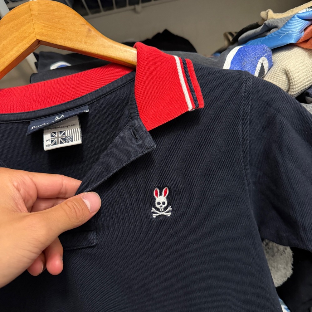 Psycho Bunny Polo Boys Size M 10/12 Navy Blue Red Contrast Collar Pique Shirt - Picture 3 of 5